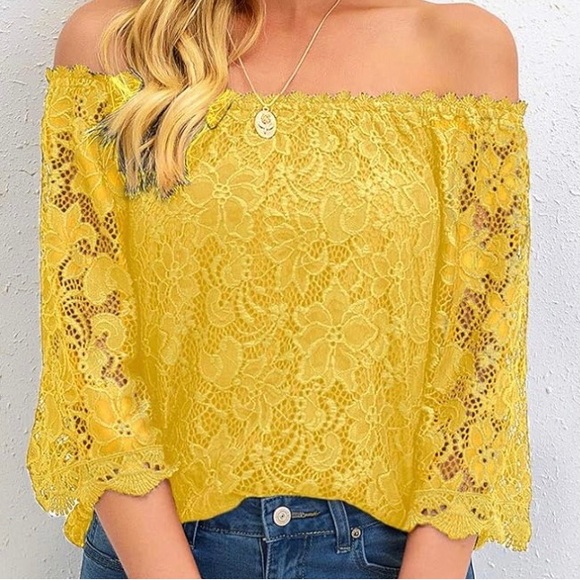 NWOT Women's 3/4 Sleeve Yellow Lace Summer Top Blouse Shirt - Picture 2 of 7
